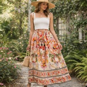 NEW A loves A Floral Tropical Print High Waisted Maxi Skirt Cream Multi Color